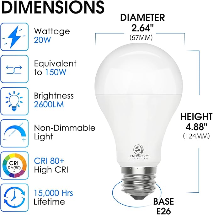 4 Pack 150 Watt Equivalent LED Light Bulb, Super Bright A21 Light Bulb, Daylight 5000K, 2600 High Lumens LED Bulb, Non-Dimmable, E26 Base, UL Listed