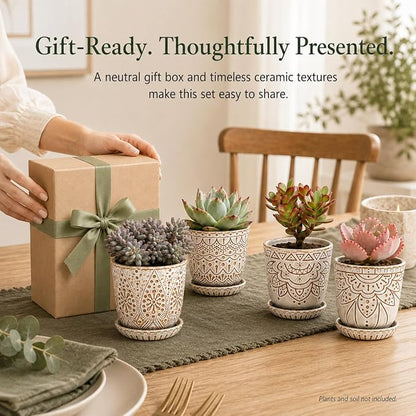 Gepege Succulent Pots, 4 Inch Small Indoor Ceramic Planter Pot with Drainage Holes and Saucers for Plants- Creamy White - Set of 4