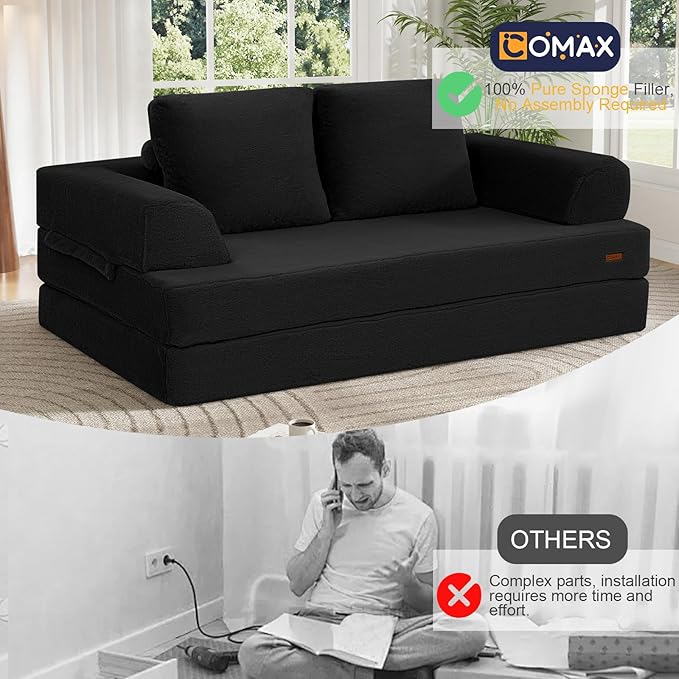 COMAX Convertible Sofa Bed, Folding Floor Couch Fold Out Couch Bed Futon Sleeper Mattress with Pillows, Boneless Sofa Comfy Lounge Loveseat for Living Room Bedroom, Faux Fur Black