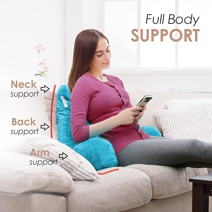 Nestl Reading Pillow with Shredded Memory Foam, Designed for Sitting Up in Bed and Couch, Back and Arms Adjustable Support for Adult & Teens Backrest Pillows for Reading, Washable Cover, Bright Blue