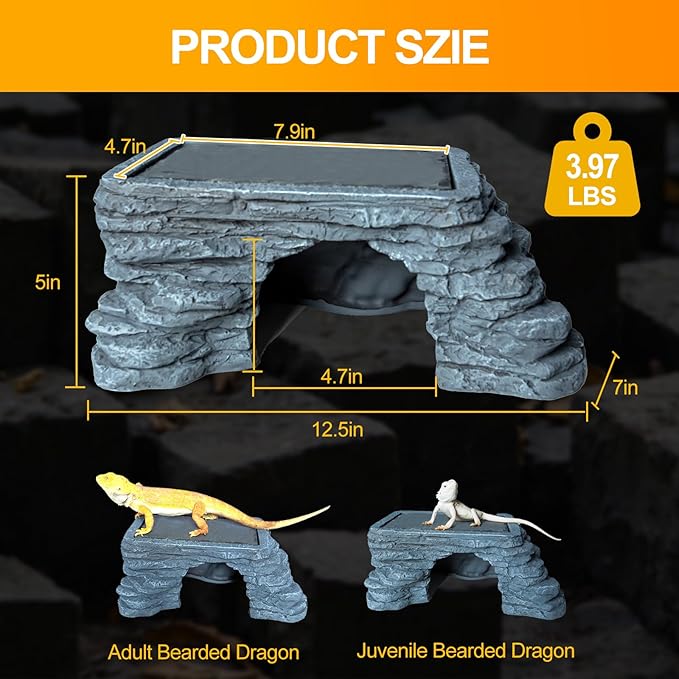 Bearded Dragon Basking Platform, Reptile Hides and Caves, Large Reptile Basking Rock for Adult/Juvenile Bearded Dragon Gecko Lizard Turtle, Slate Rock Climing Hideout