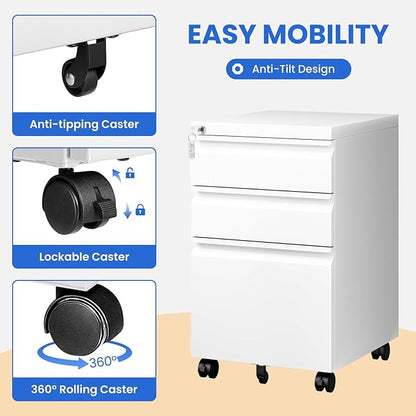 MIIIKO White Filing Cabinet 3 Drawers on Wheels Under Desk, Metal Rolling File