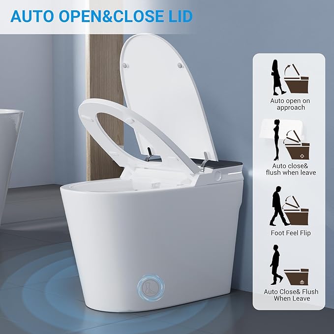 Smart Toilet with ADA Height, Bidet Built-In, Auto-Sensing Flip Lid, Off-Seat