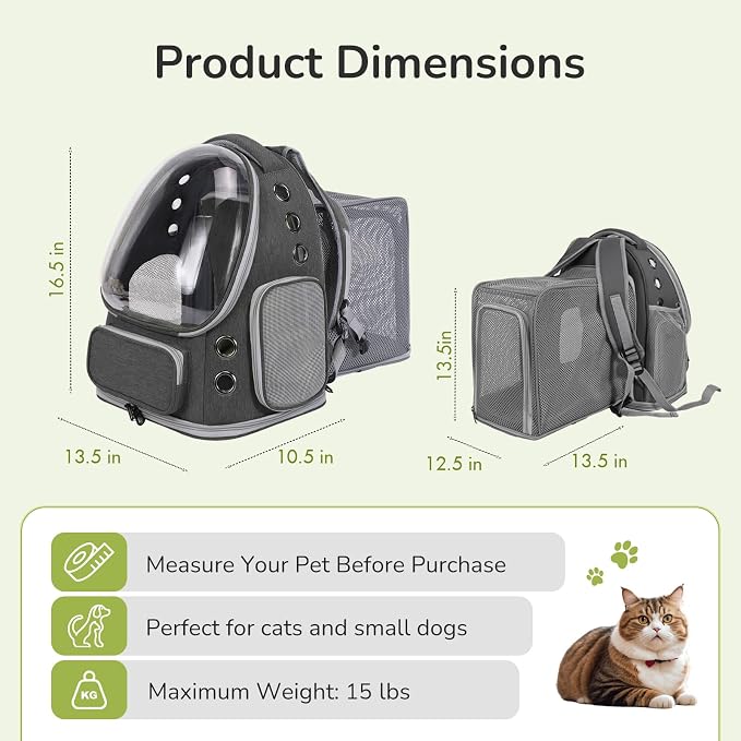 Cat Backpack Carrier for Large Cats, Expandable Cat Bubble Backpack, Dog Carriers for Small Medium Dogs, Airline Approved Pet Carrier for Travel Hiking Outdoor(Grey)