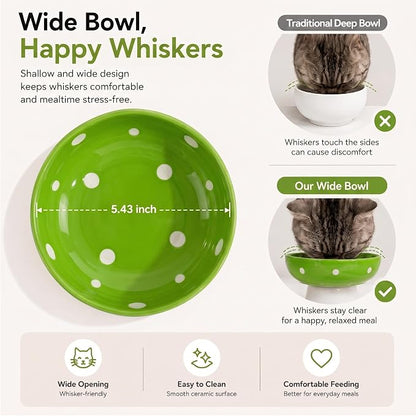 Green Mushroom Cat Bowl, Elevated Ceramic Bowl for Cats | Elevated, Ceramic, Whisker Friendly, Wide Opening, Anti Vomiting