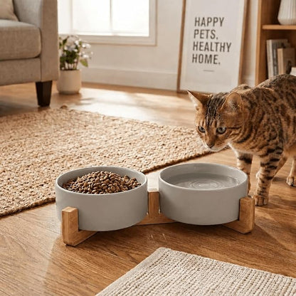 SPUNKYJUNKY Ceramic Dog and Cat Bowl with Wood Stand Non-Slip Matte Glaze Weighted Food Water Set for Cats &Small Dogs 13.5OZ