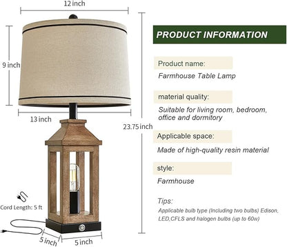 23.75" Farmhouse Table Lamps USB A+C Charging Ports 3-Way Dimmable Touch Control Lamp Nightlight Vintage Modern Lamp for Living Room Bedroom with 2 Light Sources