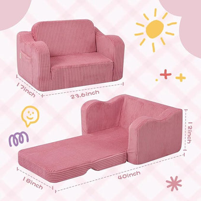 MeMoreCool Toddler Chair & Kids Couch Bed 2‑in‑1 Foldable Lounge Pink (1‑3 yrs) — Convertible Fold‑Out Seat to Sofa Bed for Toddlers, Soft Corduroy Finish, Machine‑Washable Cover, Ideal for Playrooms