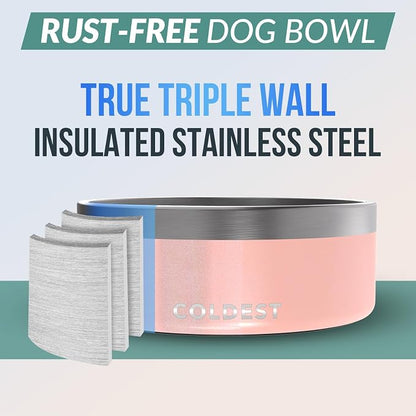 Coldest Dog Bowl - Anti Rust Metal, Non Slip, 3 Layers Insulated Stainless Steel Dog Bowls - Spill Proof & Heavy Duty - Water Bowl for Dogs, Cats & Pets, Dish Washer Safe (64 oz, Forever Pink Glitter)