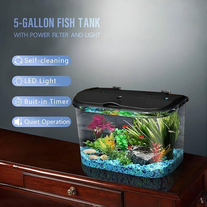 Koller Products 5-Gallon Aquarium Kit with LED Lighting and Power Filter, Ideal for a Variety of Tropical Fish