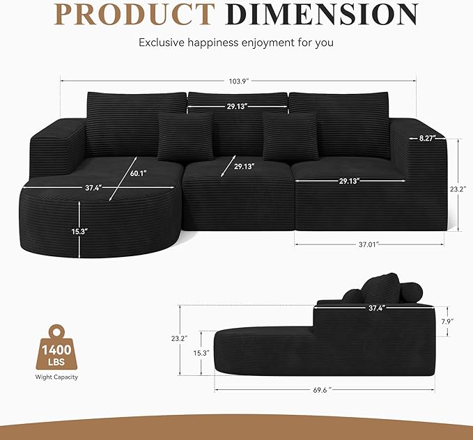104”Sectional Couches for Living Room, Modular l Shaped Cloud Couch,Boneless Comfy Modern Sofa with Chaise, Deep Seat Convertible Sleeper Sofa Bed,No Assembly Required(Black-Corduroy Fabric) 1pcs