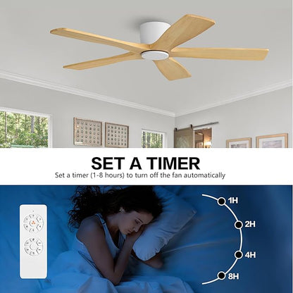 WINGBO 54" Flush Mount DC Ceiling Fans Without Lights, 5 Carved Solid Wood