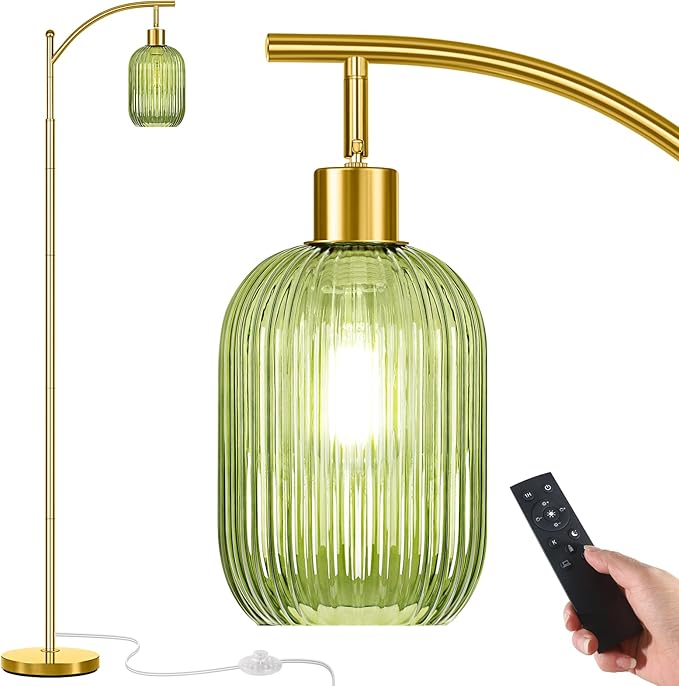 Gold Floor Lamp for Living Room with Remote Control,Unique Vintage Standing Tall Lamp,Mid Century Modern Floor Lamps Arc Green Glass Floor Lamps for Office Corner