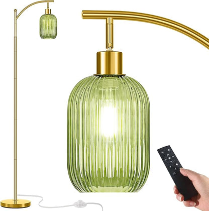 Gold Floor Lamp for Living Room with Remote Control,Unique Vintage Standing Tall Lamp,Mid Century Modern Floor Lamps Arc Green Glass Floor Lamps for Office Corner