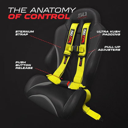 1pc 50 Cal Yellow 4 Point Harness 3in Straps, Racing Harness Seat Belt | Ultra Kush padding, Push Button quick release hardware. Universal Fit for UTV, RZR, race car.