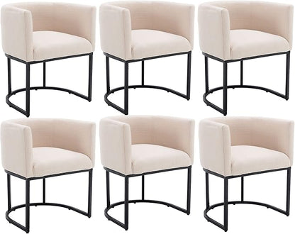 VESCASA Linen Upholstered Dining Chairs with Barrel Back, Mid Century Modern Padded Restaurant Chairs with Black Metal Frame for Kitchen, Dining Room, Set of 6, Cream