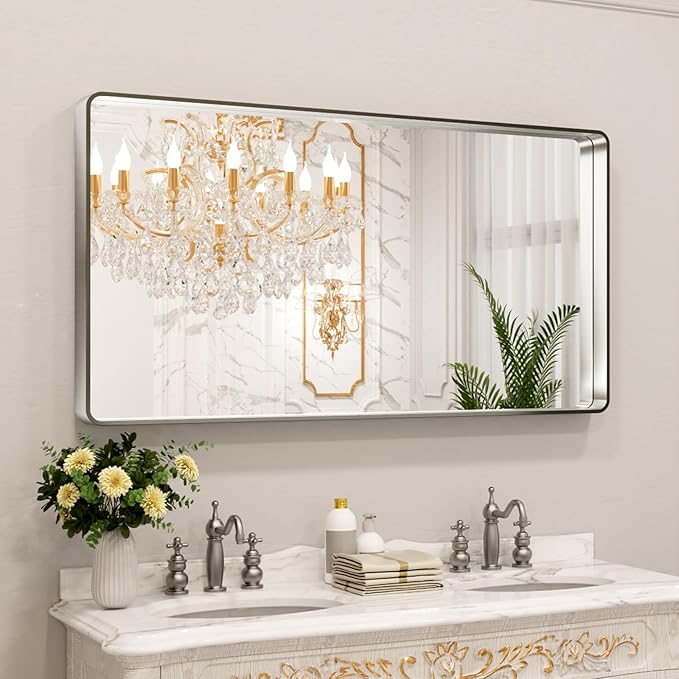 LOAAO 55X30 Inch Brushed Nickel Bathroom Mirror, Rounded Rectangle Silver Metal