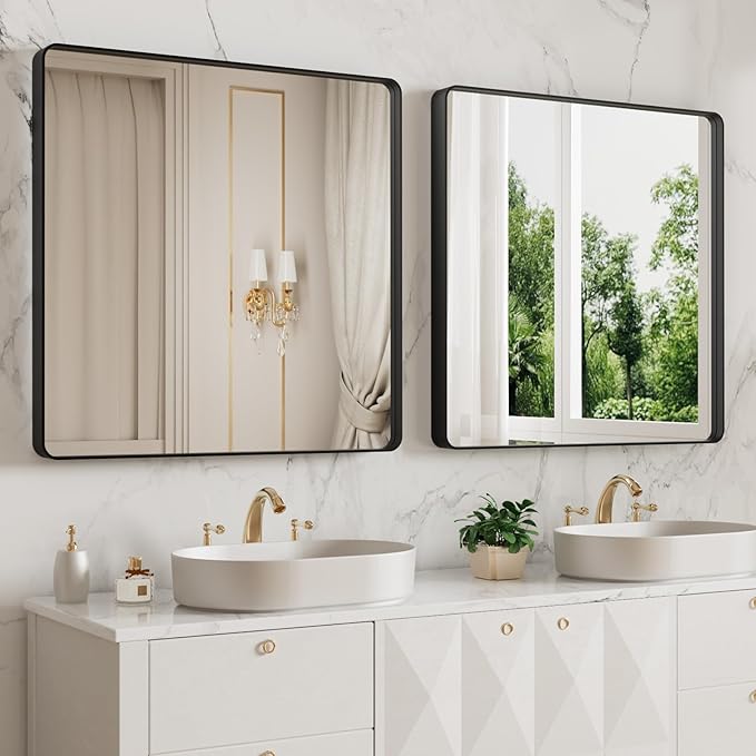 LOAAO 38x38 Inch Black Metal Framed Bathroom Mirror