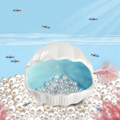 AnRui Cute Betta Fish Tank Decor Ceramic Conch Shell-Shaped House Thematic Hideout Cave for Fish Playing or Hiding Underwater World Aquarium Background Pearl Ornament, Blue