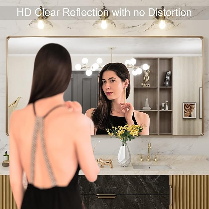 LOAAO 72”X36” Gold Bathroom Mirror, Rounded Rectangle Gold Frame Mirror