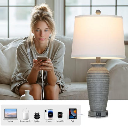 25" Grey Farmhouse Jar Table Lamps, 3 Way Touch Control Rustic Bedside Lamps with USB A+C Ports & AC Outlet, Pot Nightstand Lamps for Bedroom End Table (LED Bulbs Included)