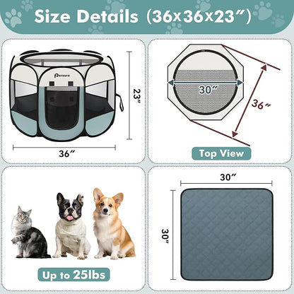 Persure Dog Cat Pet Playpen Puppy Crate Cage for Indoor Outdoor Travel | Nursing Rest Zone Recovering Pet Quarantine Room Portable Pop Up Easy to Set up lightweight (Grey with Pad, Medium)