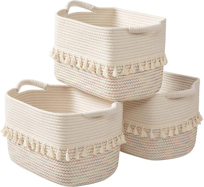 TeoKJ Woven Baskets for Storage, Set of 3 Cotton Rope Basket with Handle for Decor and Storage, Cute Baskets for Organizing in Classroom, Kitchen, Bathroom, White & Stitches Rainbow