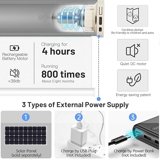 Motorized Blinds with Remote Control, 100% Blackout Cordless Wireless Electric