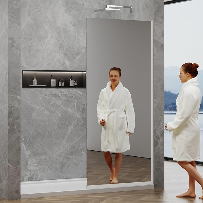 36"x76" Fixed Glass Shower Door, Single Mirror Privacy 3/8" Thick Tempered Glass