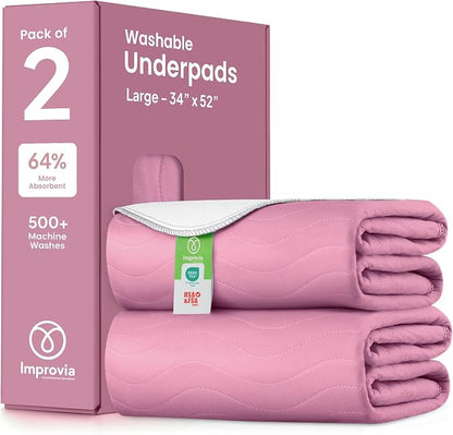 IMPROVIA® Washable Underpads, Heavy Absorbency Reusable Incontinence Pads for Kids, Adults, Elderly, and Pets, Waterproof Protection Floor (Pink and White, 34" x 52" - Pack of 2)