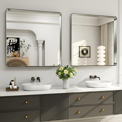 LOAAO 36X36 Inch Brushed Nickel Bathroom Mirror, Rounded Rectangle Silver Metal