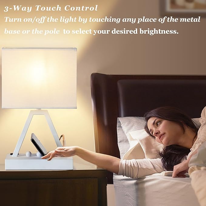 Briever Touch Control Table Lamp, 3-Way Dimmable Desk Lamp with USB C & USB A and AC Outlet, Bedside Lamp with Phone Stands for Bedroom, Living Room, Office, LED Bulb Included, White