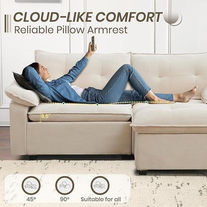 PALLOME 82" Deep Seat Comfy Cloud Couch, Modular Sectional Sofa with Movable Ottoman, L Shaped Chenille Sofa for Small Space, Modern Apartment Living Room & Office (Beige, 2-Seat + Ottoman)