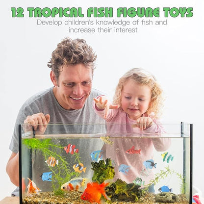 12PCS Tropical Fish Toys, Pastic Sea Creatures Figurines Set, Educational Learning Ocean Animal Figures, Themed Party Favor Miniature Toys for Boys Girls