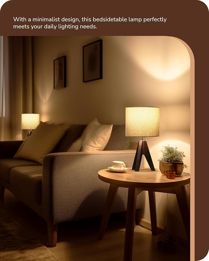 EDISHINE Boho Small Table Lamp, Walnut Color Wooden Tripod Bedside Lamp, Farmhouse Nightstand Lamp for Nursery, Bedroom, Office, Kid Room, Living Room, Grey Linen Lampshade, E26 Socket, 14.2 Inch