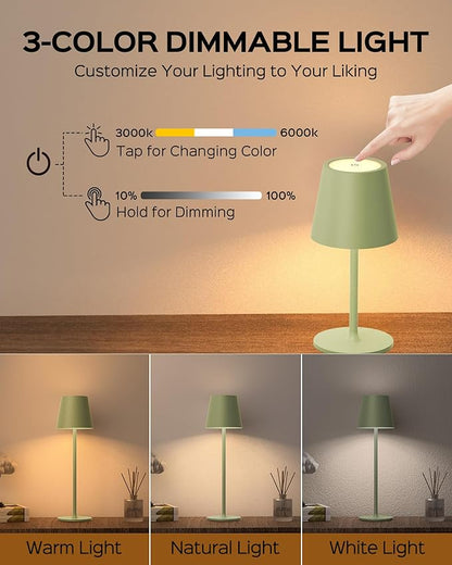 Cordless Table Lamps Rechargeable, 3 Adjustable Height, 5000mAh Battery Operated, 3 Colors Smooth Dimming, Portable LED Waterproof Table Lamp for Kitchen, Bedroom, Outdoor (2 Pack-Mint Green)