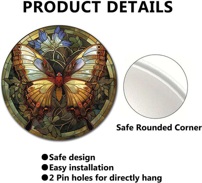 Lygond Metal Sign Tin Sign Circular Stained Glass Butterfly Funny Bathroom Wall Decor for Patio 8×8 Inches