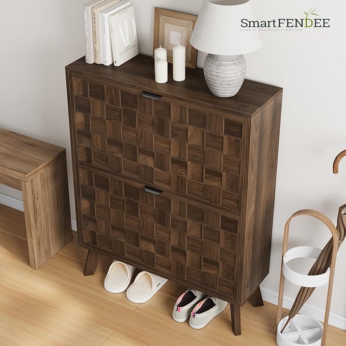 29.5“W Shoe Cabinet with 2 Embossed Checkerboard Pattern Flip Drawers,