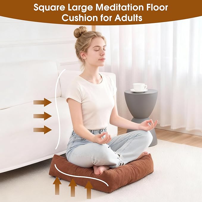 Tikuns Floor Pillows for Adults, 22x22x6 Inch Meditation Cushions, Large Square Sitting Cushion Living Room Memory Foam Pillow for Sitting (1, Brown, 22x22x6 Inch)