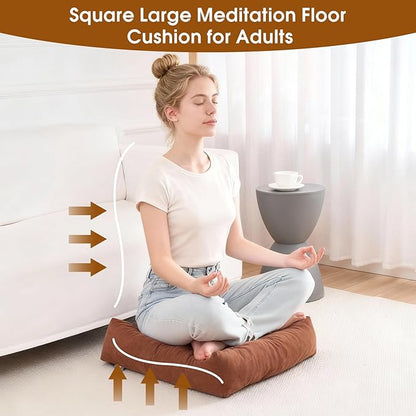 Tikuns Floor Pillows for Adults, 22x22x6 Inch Meditation Cushions, Large Square Sitting Cushion Living Room Memory Foam Pillow for Sitting (1, Brown, 22x22x6 Inch)