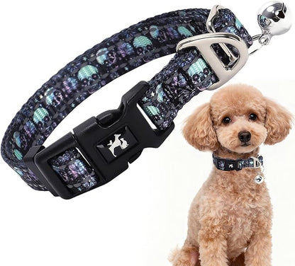 Small Dog Collar with Bell - Soft Adjustable Nylon Collar for Small Breeds, Skull Pattern Reflective Collar for Chihuahua Pomeranian Yorkie, Lightweight & Comfortable for Tiny Dogs(Skull S)