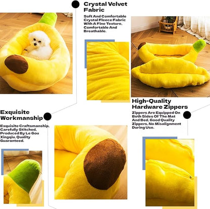 Banana Pet Bed for Small Dogs and Cats, Cozy Enclosed Calming Cave Bed with Removable Plush Cushion for Indoor Kittens Puppies Small Pets (Banana Bed + Bone Toy, Medium)
