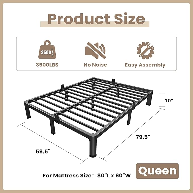 ROIL 10 Inch Queen Bed Frame with Rounded Corner Low Profile Metal Platform 3500LBS Heavy Duty Steel Slats No Box Spring Needed Noise-Free Easy Assembly