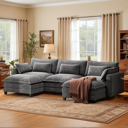 Marsail Modular Sectional Sofa 110.6" U-Shaped Modern Comfy Cloud Couch, 5-Seat Chenille Deep Seat Sofa with Throw Pillow & Movable Ottoman for Living Room, Bedroom and Apartment, Charcoal Gray