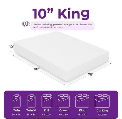 GAESTE 10 Inch King Cooling Gel Memory Foam Medium Firm Mattress Breathable Pressure Relief CertiPUR-US Certified Foam, Mattress-in-a-Box for Kids and Adults No Fiberglass (King, 10 in)