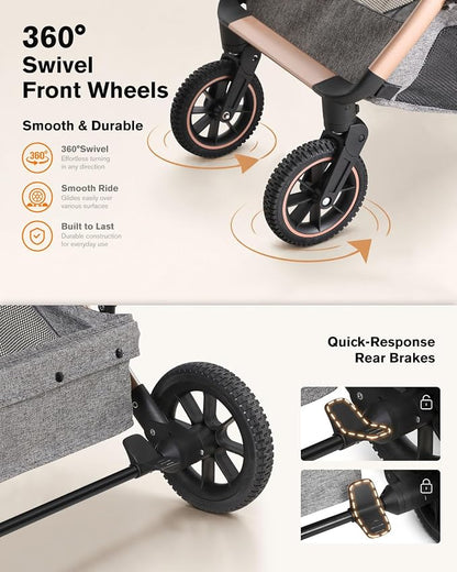 Pet Stroller with Detachable Carrier, Shock-Absorbing & Foldable | Dog & Cat Stroller for Small/Medium Pets, Convertible Car Seat, 4-Wheel Smooth Ride, Travel Carrier