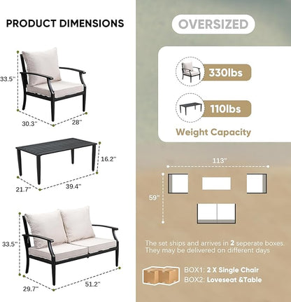 JOYURE 4 Pieces Patio Furniture Set w/loveseat,Coffe Table,Outdoor Conversation Metal Sofa with High Back and Thick Cushion,for Backyard,Garden,Beige