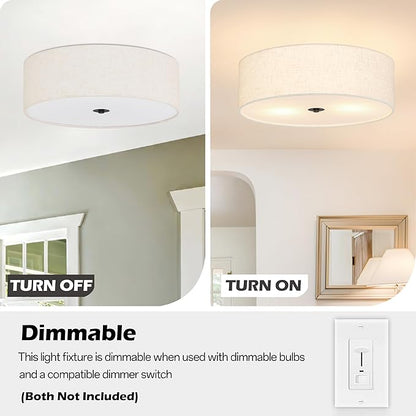 15.7 Inch 3-Light Drum Modern Black Ceiling Light Fixture Flush Mount Ceiling Light Fixture Dimmable Close to Ceiling Light Fixture with Fabric Shade for Living Room Hallway Entryway Bedroom