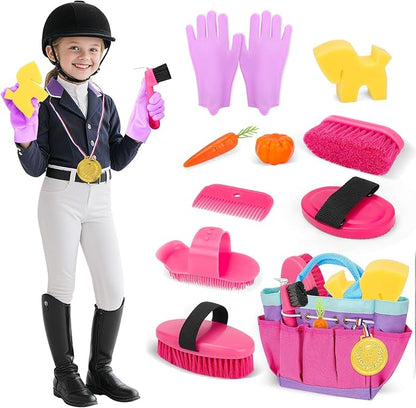 deAO Horse Grooming Brush Kit 12Pcs Horse Tack with Tote Bag,Care Tool,Pink | Realistic Horse Cleaning Playset,Includes Gloves,Tail Comb,Body Brush,Gift for Horse Riders Beginners for Boys Girls Ages3+