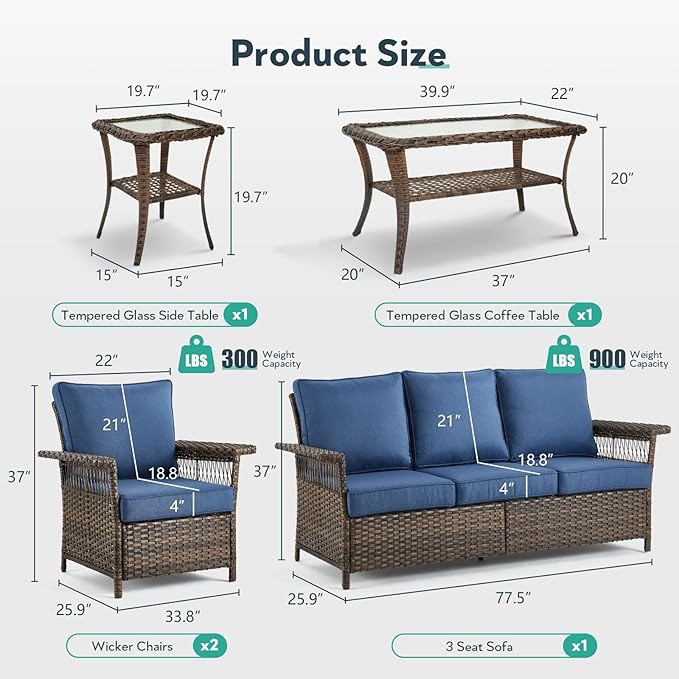 5 Pieces Wicker Patio Furniture Set - Hollow Widen Armrests Outdoor Rattan Chairs, 3 Seat Sofa with Coffee Table & Side Table, Small Patio Convention Set for Deck and Backyard - Brown/Blue